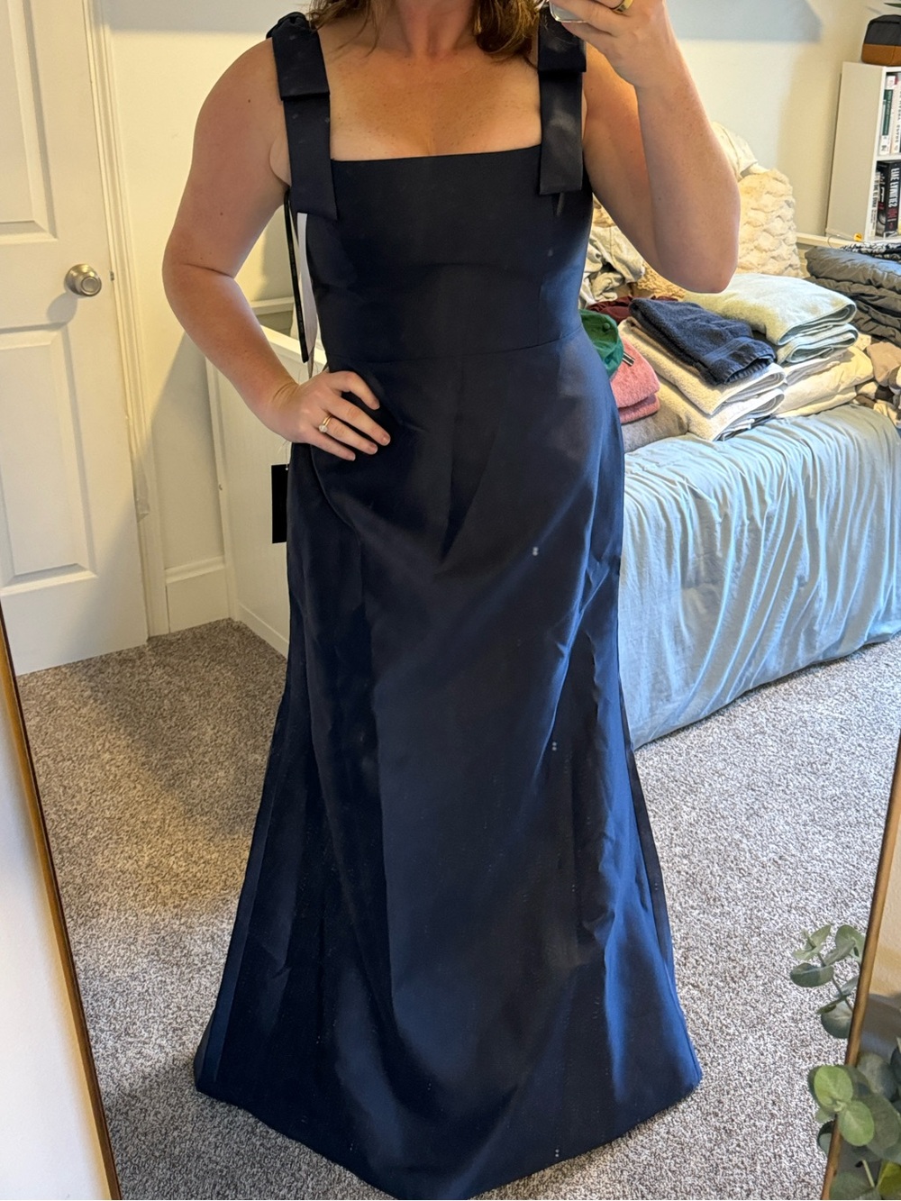 Alfred Sung Navy Square-Neck Evening Gown with Bow Straps